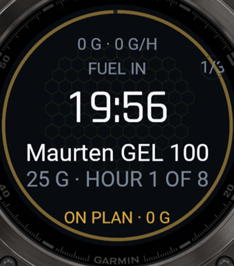 Fenix fuel screen mid-ride: FUEL IN countdown, product, hour of plan, ON PLAN
