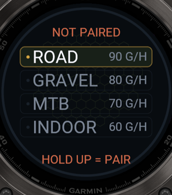 Fenix profile screen: sync status on top, ROAD GRAVEL MTB INDOOR, START = ROAD