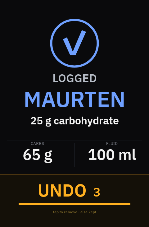 Karoo confirmation after logging a gel with an UNDO button