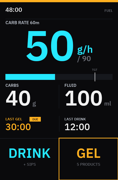 Karoo FUEL field mid-ride: carb rate, carbs, fluid, last gel due