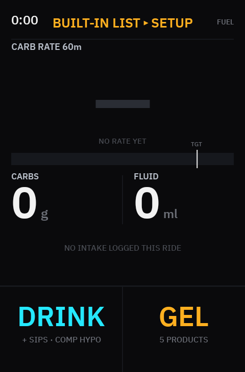 Karoo FUEL field before a ride: SETUP header band, carb rate, DRINK and GEL buttons