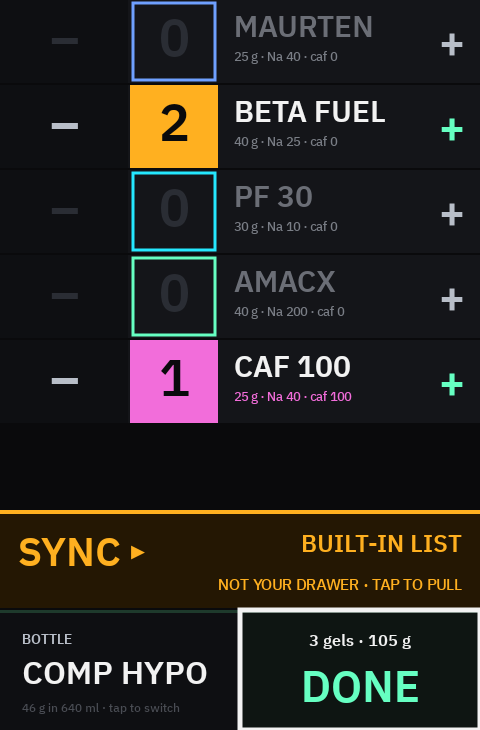 Karoo SETUP screen in amber: BUILT-IN LIST, not your drawer