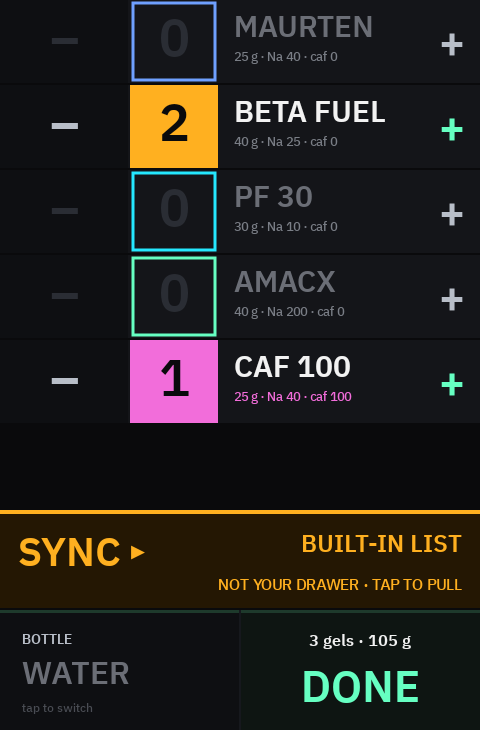 Karoo SETUP screen: product rows with minus and plus, SYNC band, BOTTLE and DONE
